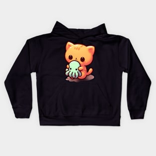 Cute little cat holding Cthulhu Kids Hoodie